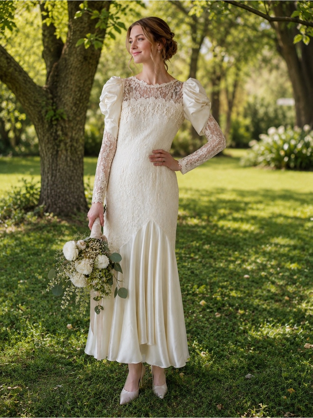 1980s Ivory Lace Mermaid Wedding Gown with Satin Puff Sleeves